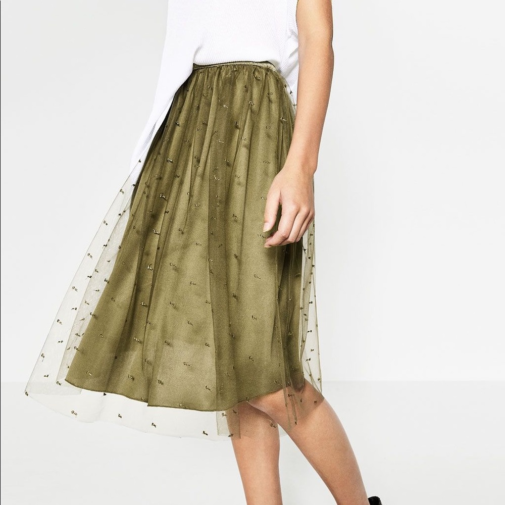 Olive green Zara tulle midi skirt